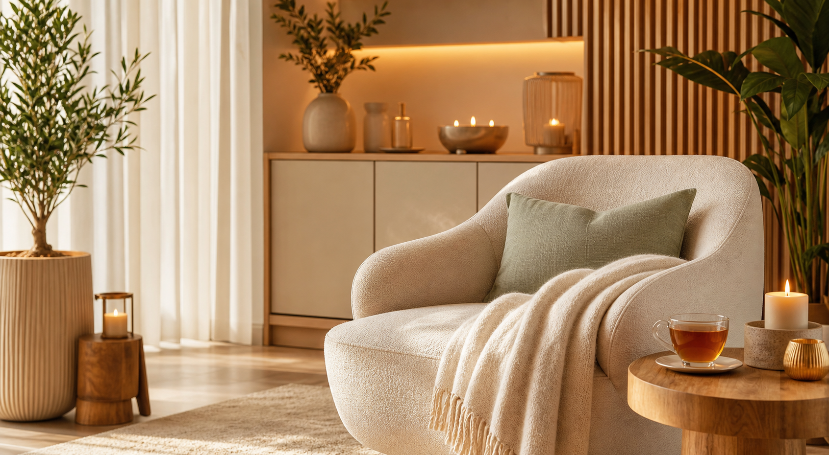 Calm wellness lounge with plants, warm light and a comfortable chair