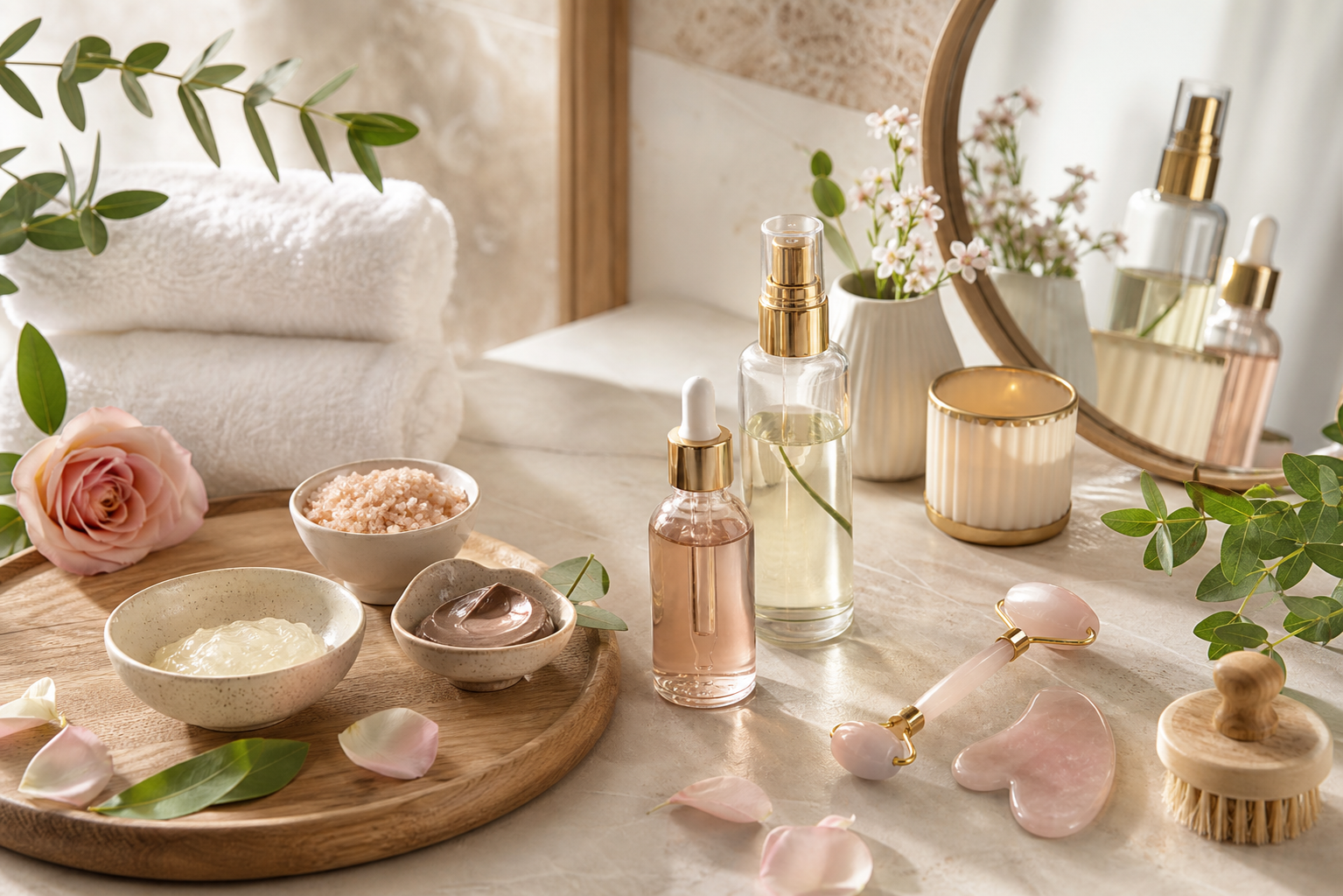 Professional skincare products, towels and beauty tools arranged in soft natural light