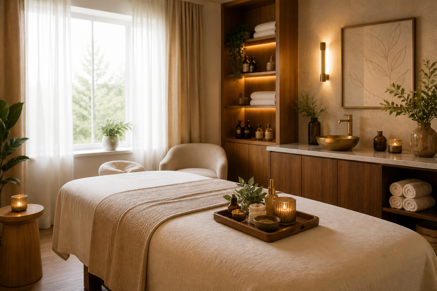Warm professional treatment room prepared for wellness and beauty care
